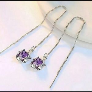 Purple Crystal Flower Silver Threader Chain Dangle Drop Earrings